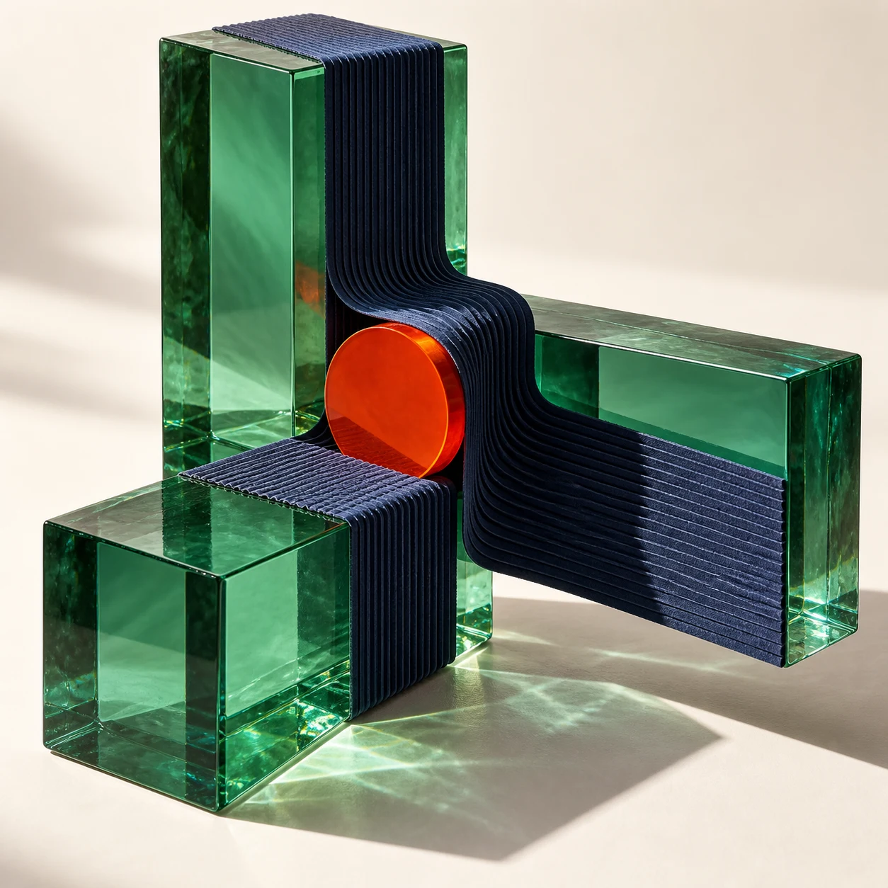 Assemblage de verre émeraude et de matière indigo : trois éléments reliés en un système.